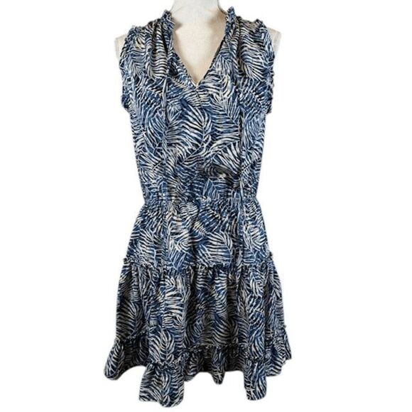 Fab'rik Tiered Mini Dress Blue Tropical Palm Leaf Print Elastic Waist Size Small - Picture 1 of 10
